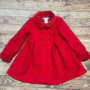 Catherine Malandrino Girls Red Double-Breasted Peacoat Velvet Collar Size 3T